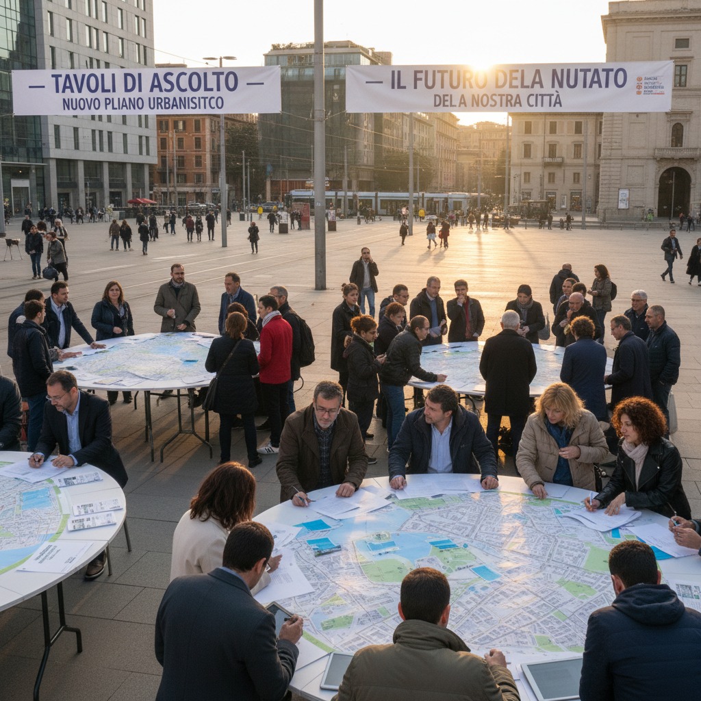 Diverse persone si riuniscono intorno a tavoli rotondi all'aperto in una piazza cittadina per esaminare grandi mappe urbane.